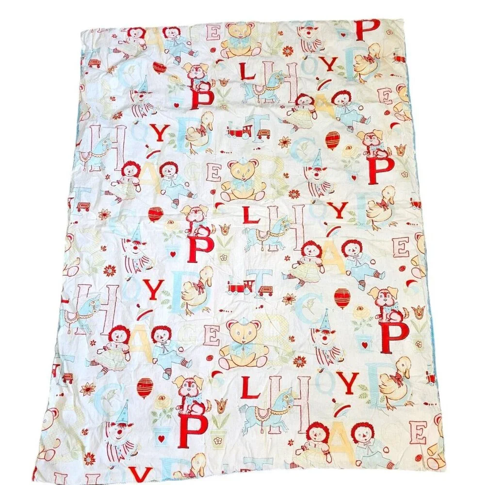 Vintage 60s 70s Kitschy Baby Quilt Blanket Reversible Alphabet Animals Checkered